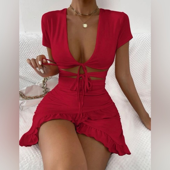 SEXY Tied Cutout Front Ruffle Trim Wrap Hem Dress *NEW* - Picture 1 of 7